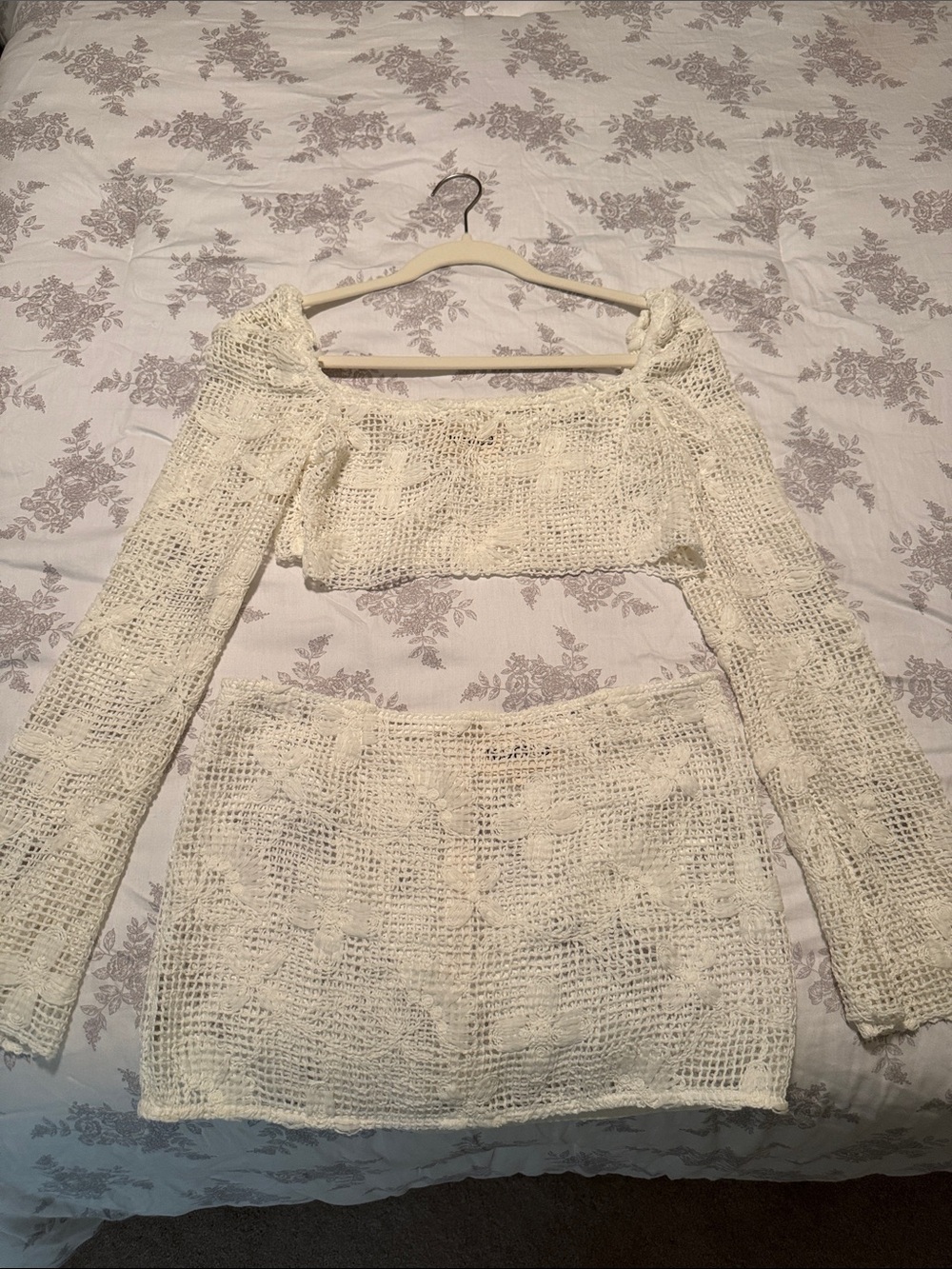 Montce White Floral Crochet Coverup Set